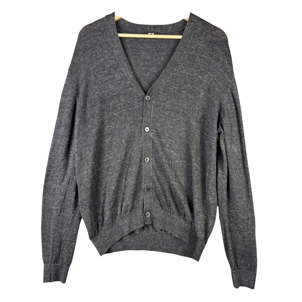 Uniqlo Men Linen Blend V-Neck Cardigan Sweater Charcoal Gray Large 413065